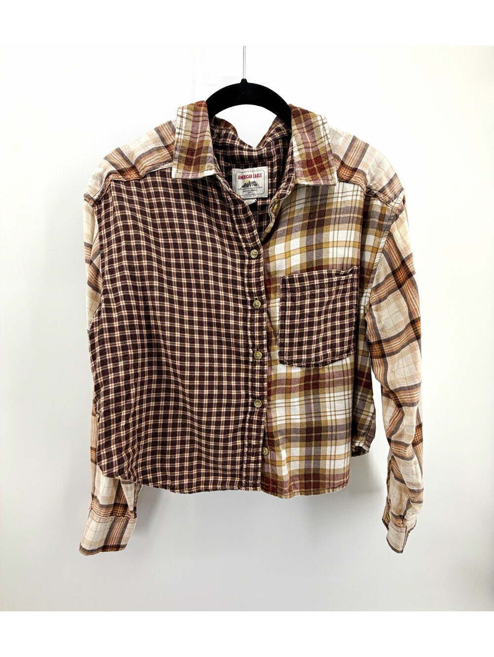 American Eagle Outfitters Women’s XS Plaid Flannel Button-Up Shirt Brown Pockets